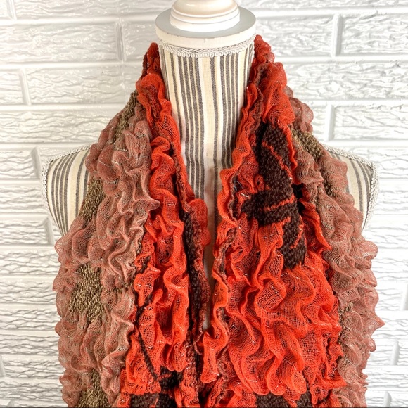 5/$25 Ruffled Floral Scarf Orange Brown Silver - Picture 6 of 8